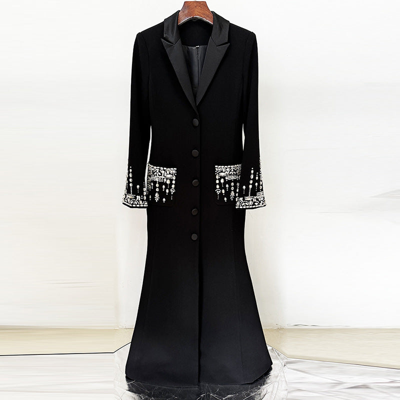 Fashion Bead Diamond Tailored Collar Fishtail Dress