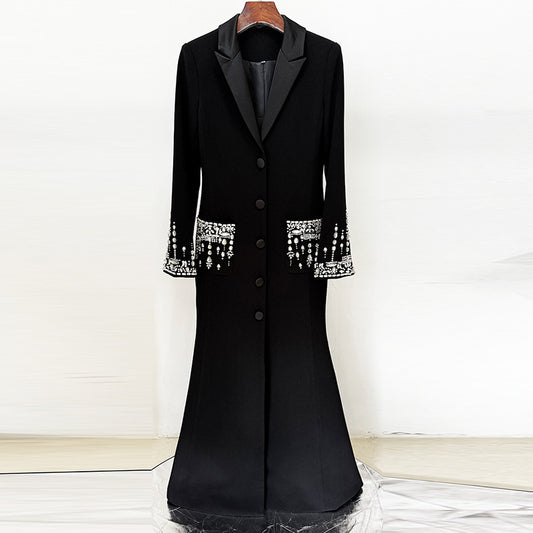 Fashion Bead Diamond Tailored Collar Fishtail Dress