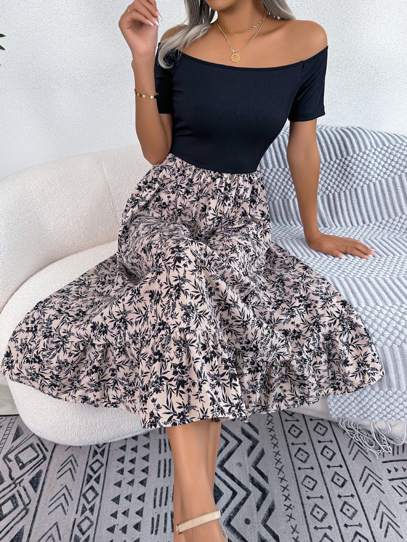 Durable Women's Casual Flower Ruffles Mid-length Dress