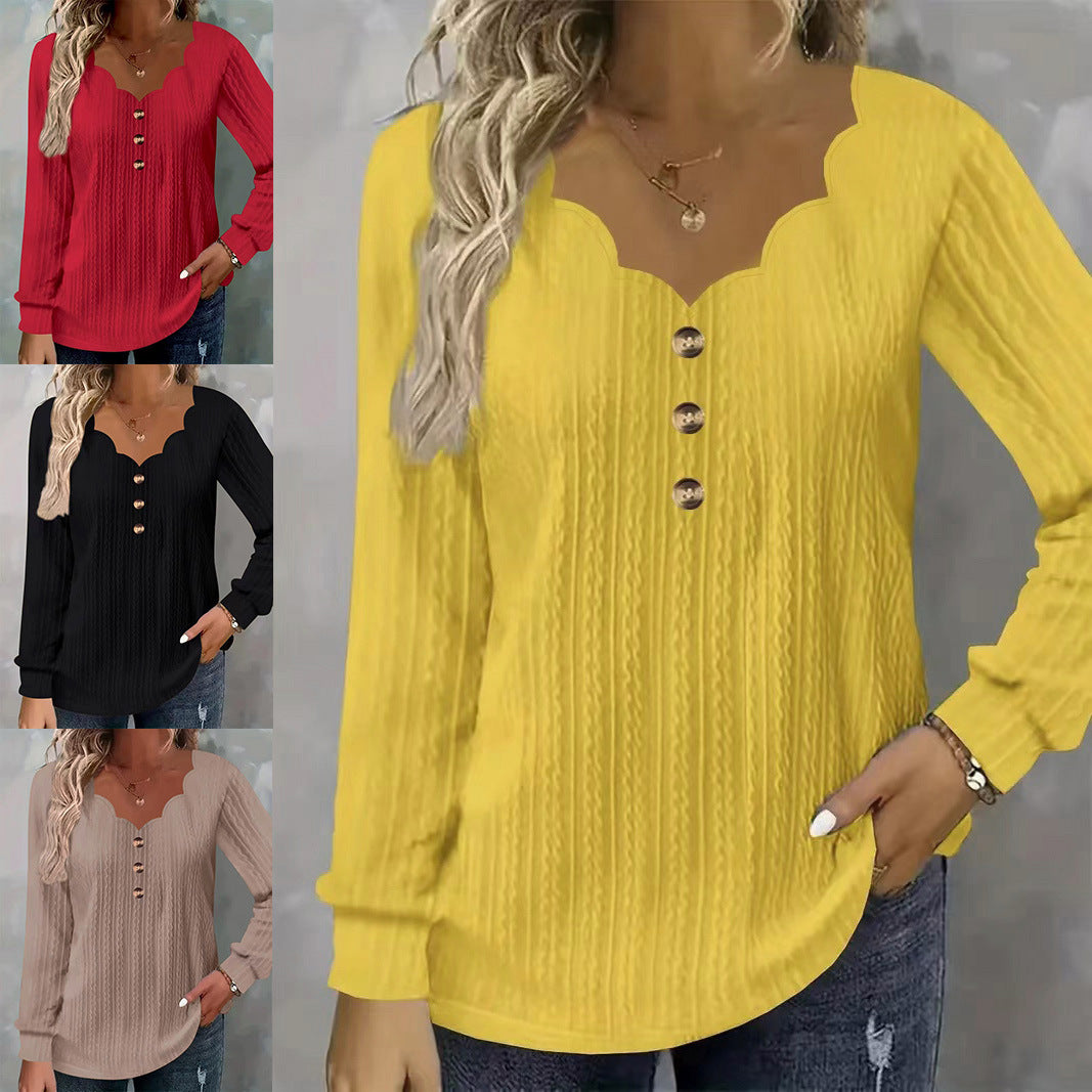 Women's Solid Color Scallop Front Button Long Women's T-shirt