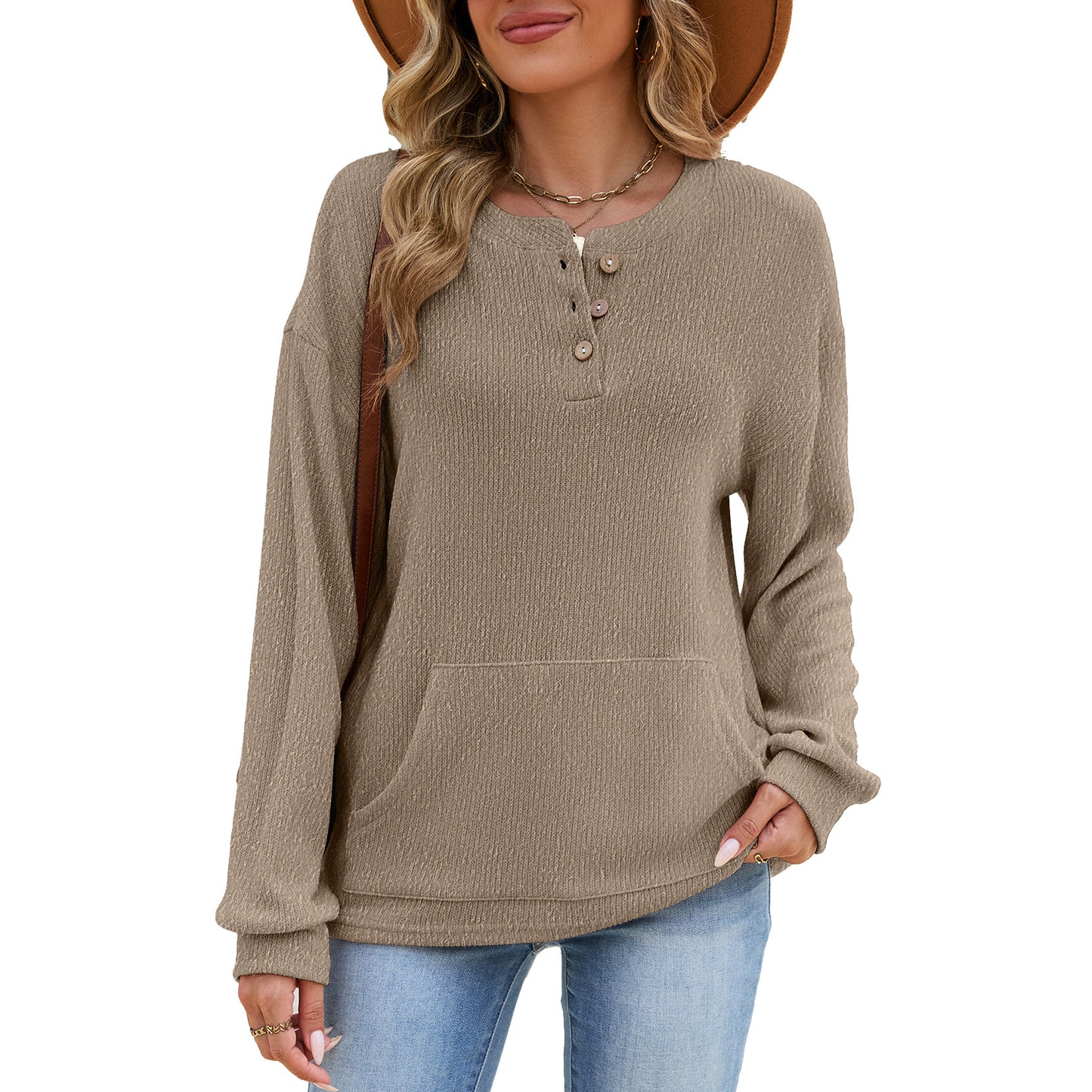 Women's Color Round Neck Button Loose Long Sleeve Pocket Women's Sweater, Sweater
