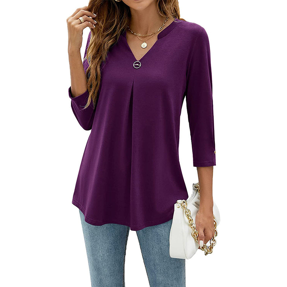 Women's Three-quarter Sleeve Solid Color Clinch Pleated Women's T-shirt