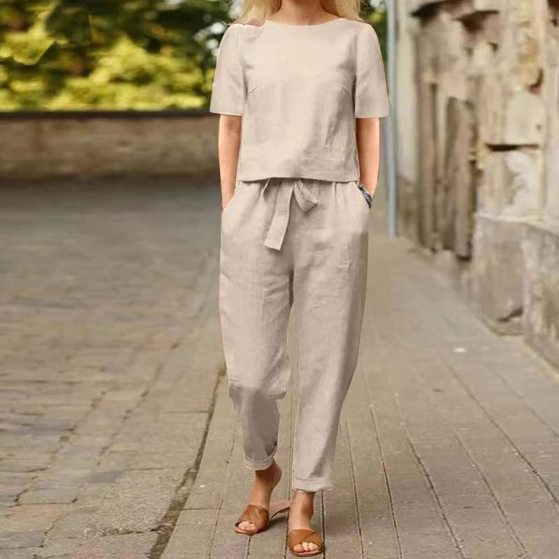 Women's Linen Summer Matching Half Sleeve Oversized Wide Leg Retro Two-piece Fashion Casual Suit