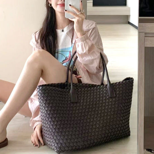 Women's Genuine Leather Design Woven Shopping Big Bags