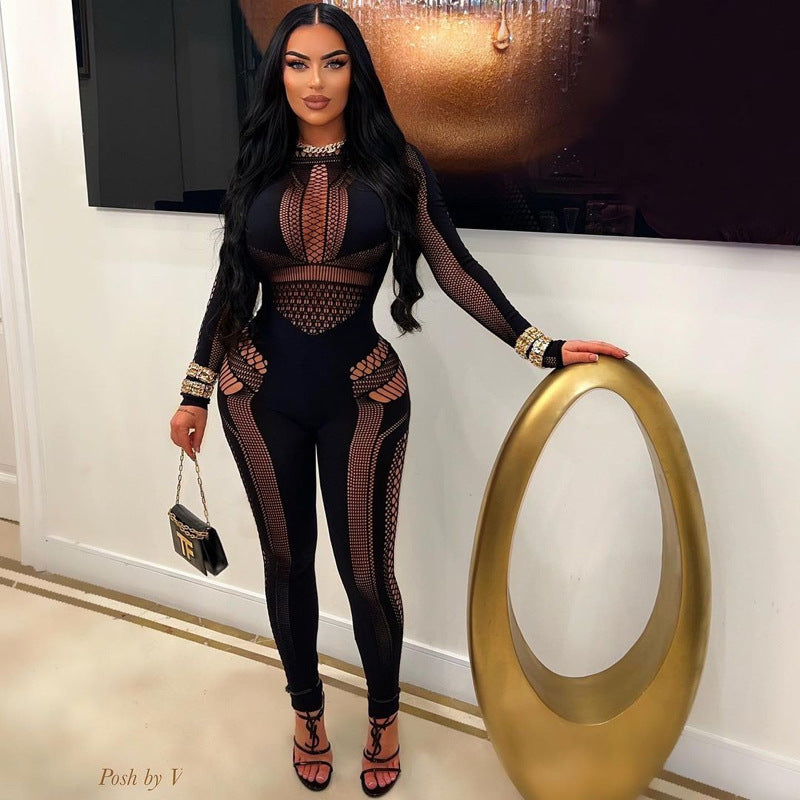 Women's Autumn Nylon One-piece Knitted Hollow Slim Women's Jumpsuit/clothing