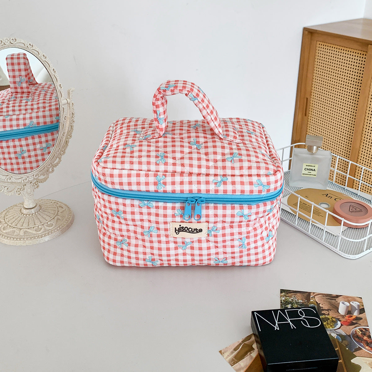 Simple Plaid Korean Style Bow Large Cosmetic Bags