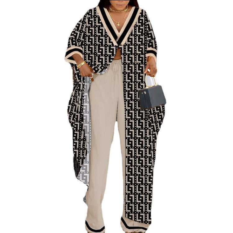 Women's Two-piece Buttons Printed Sleeves Drawstring Trousers Suits
