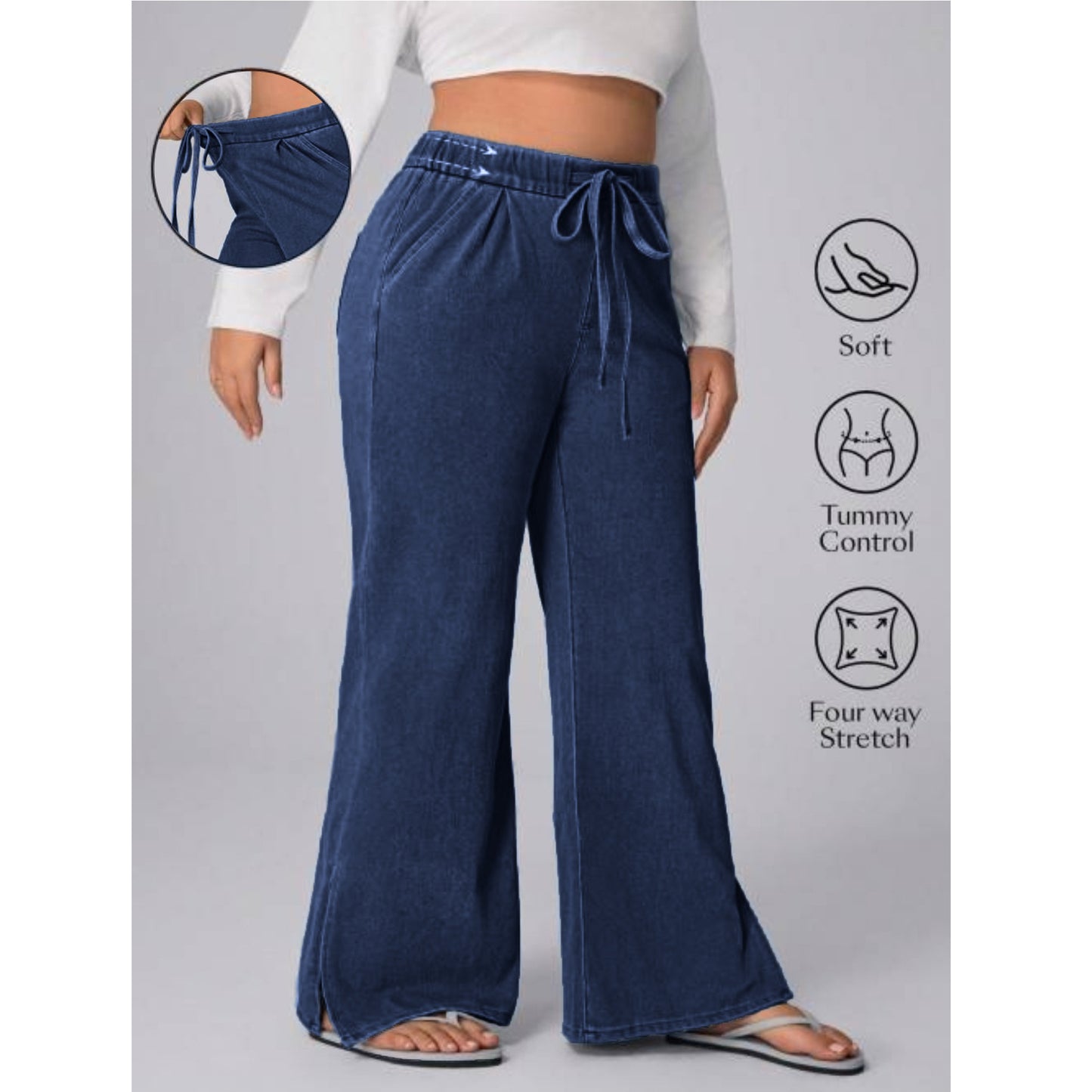 Women's Drawstring Washed Stretch Casual Loose Wide Pants