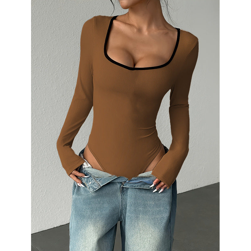 One-piece Stitching Contrast Color Collar Slim Fit Fashion Sexy Siamese Women's Jumpsuit/clothing