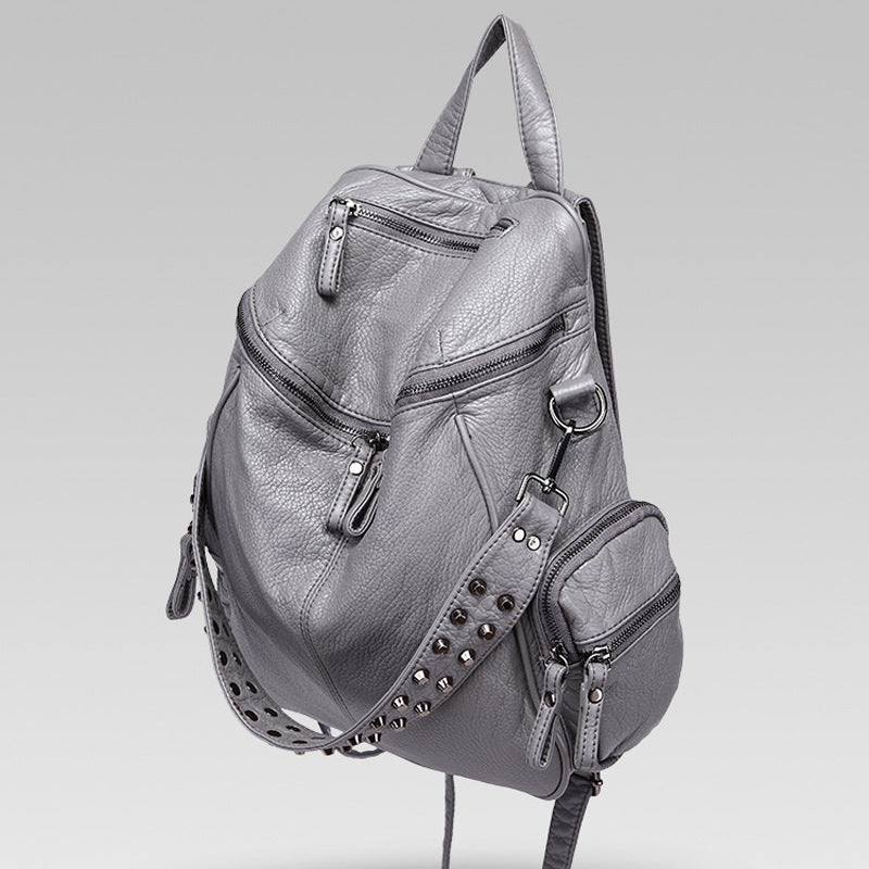 Capacity Studded Unisex Washed Leather Solid Bags