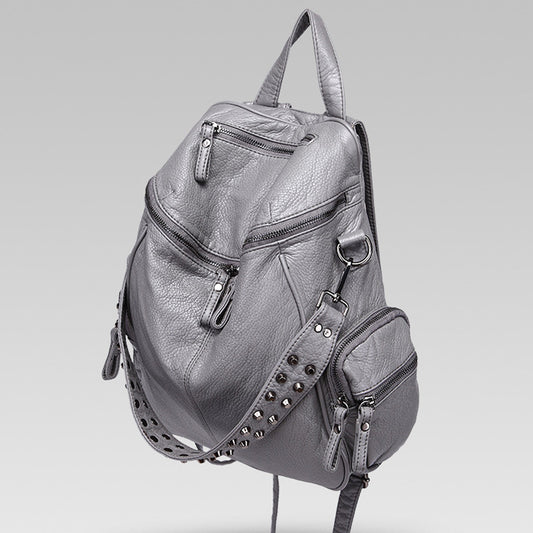 Capacity Studded Unisex Washed Leather Solid Bags