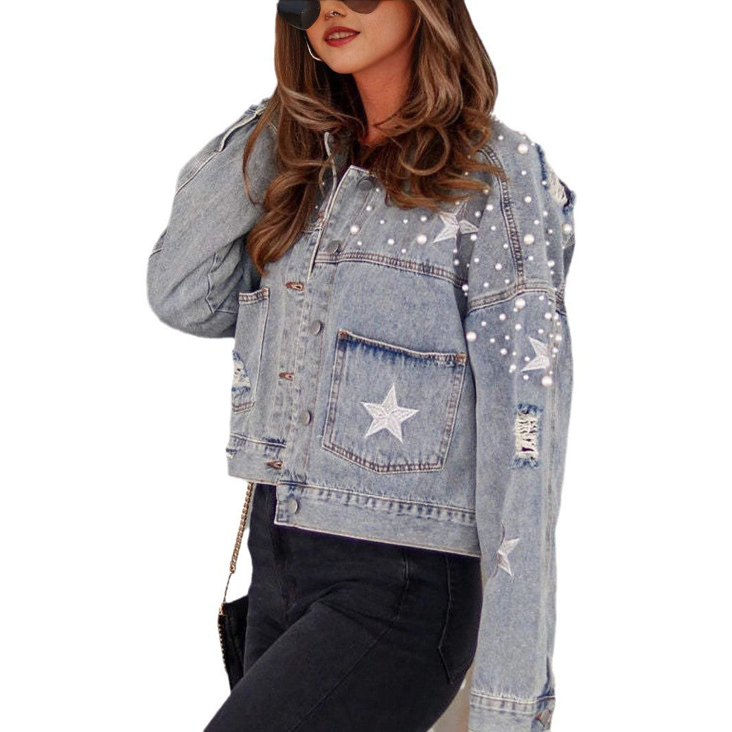 Women's Beaded Denim Ripped Embroidery Loose Jackets