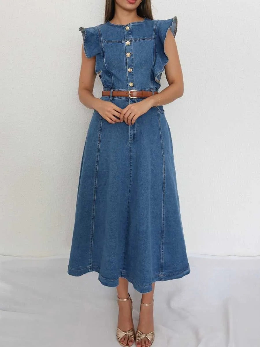 Women's Dress Waist Ruffle Sleeve Button Denim Dresses