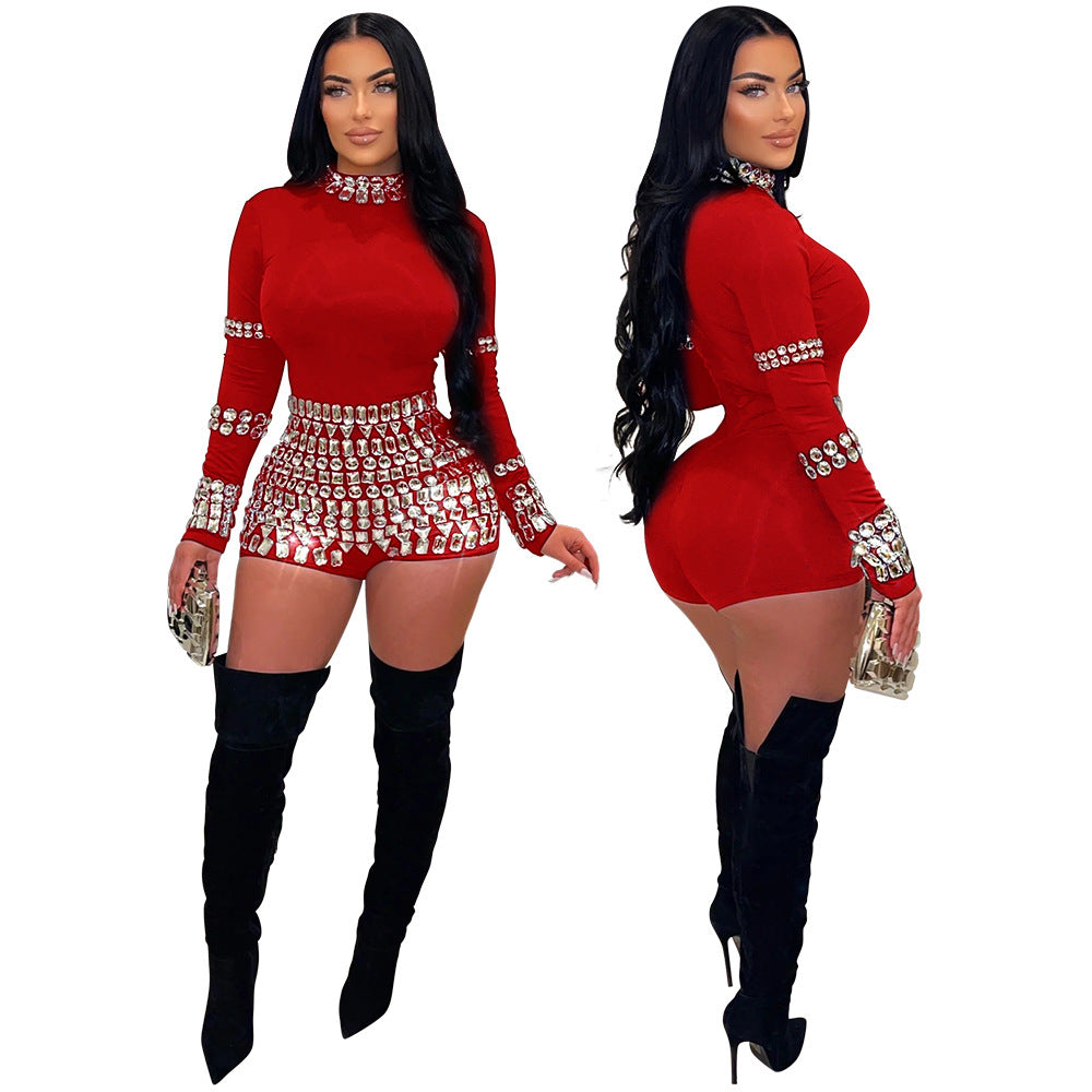Women's Fashion Rhinestone Slim Fit Bodysuit Party Jumpsuits