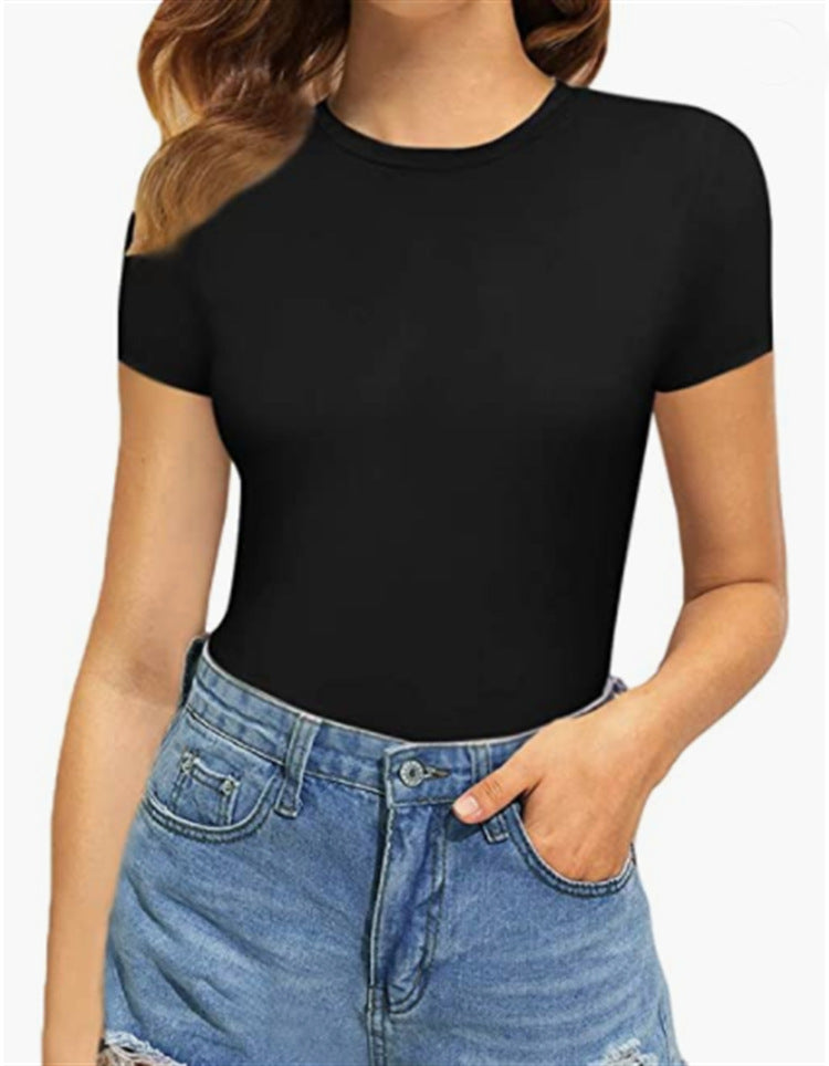 Women's Short-sleeved Round Neck Solid Color Swimsuit Jumpsuits