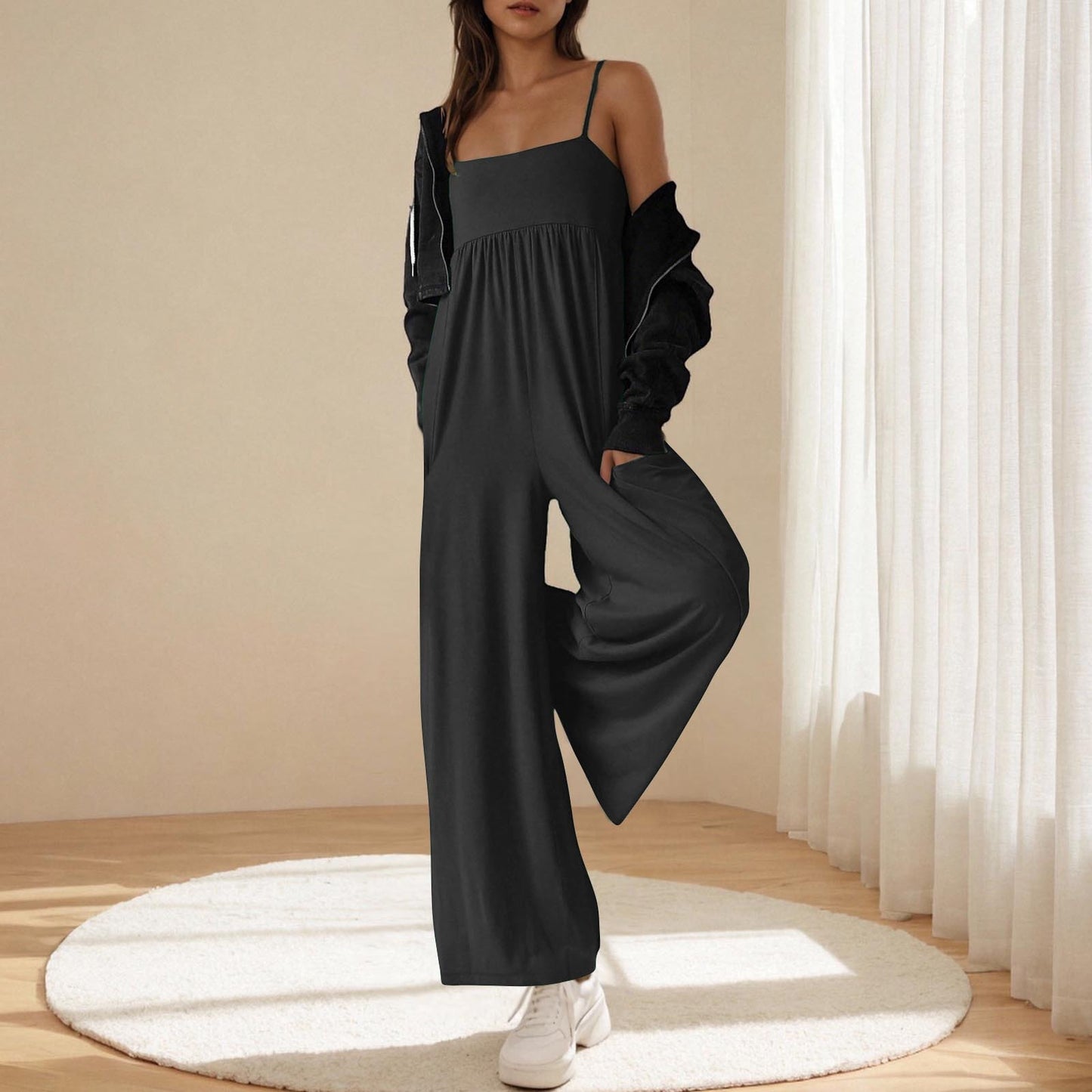 Women's Casual Suspender Sleeveless Square Collar Slimming Wide Women's Jumpsuit/clothing