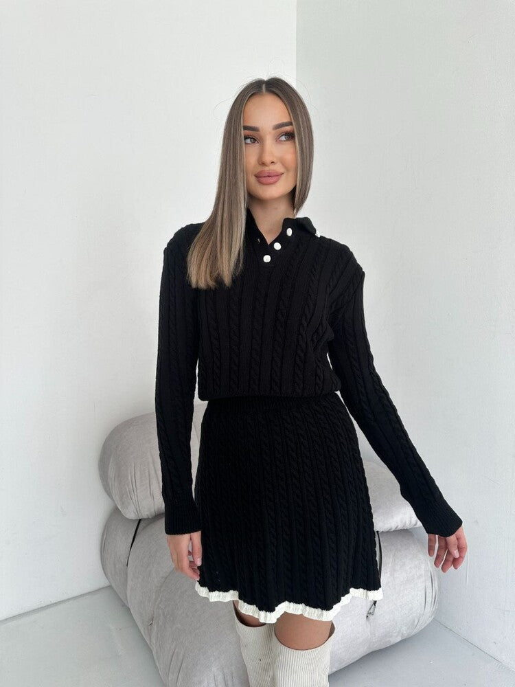 Women's Long Sleeve Knitted Button Dress Two-piece Fashion Casual Suit