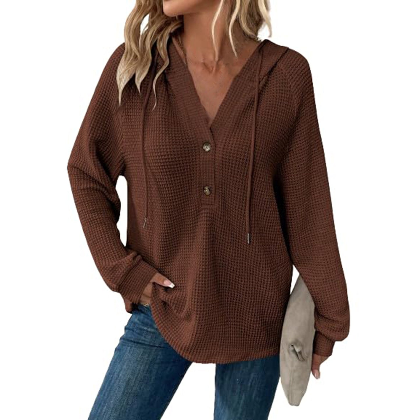 Women's Color Waffle Hooded Button Loose Long Women's Sweater, Sweater