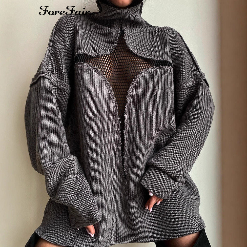 Women's Mesh Vacation Loose Knitted Pullover Personality Sweaters