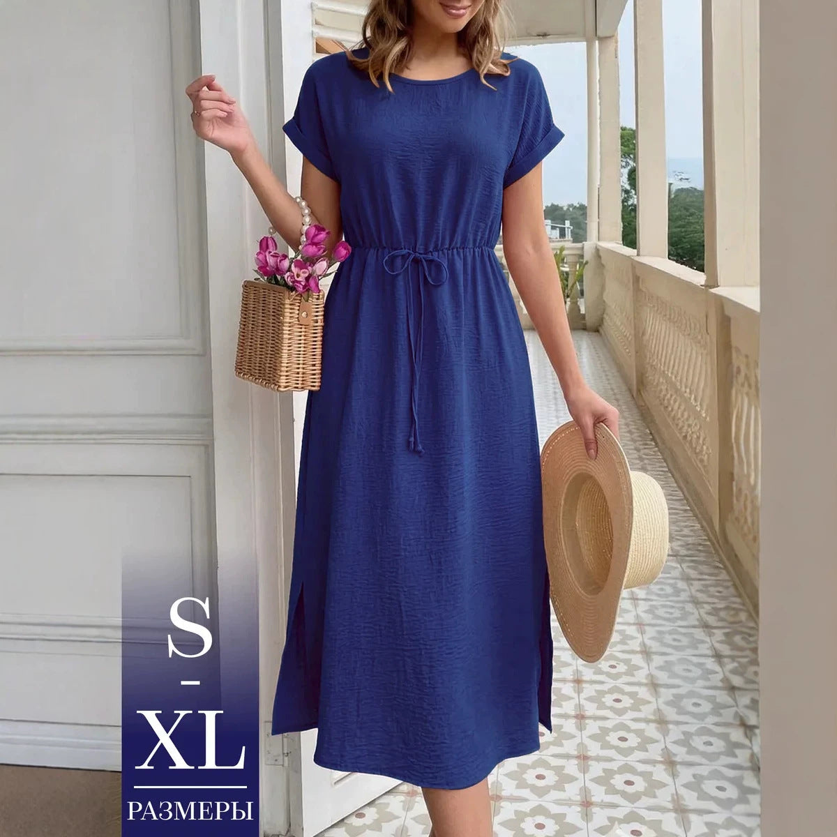 Women's Summer Casual Round Neck Loose Waist Trimming Short-sleeved Dress