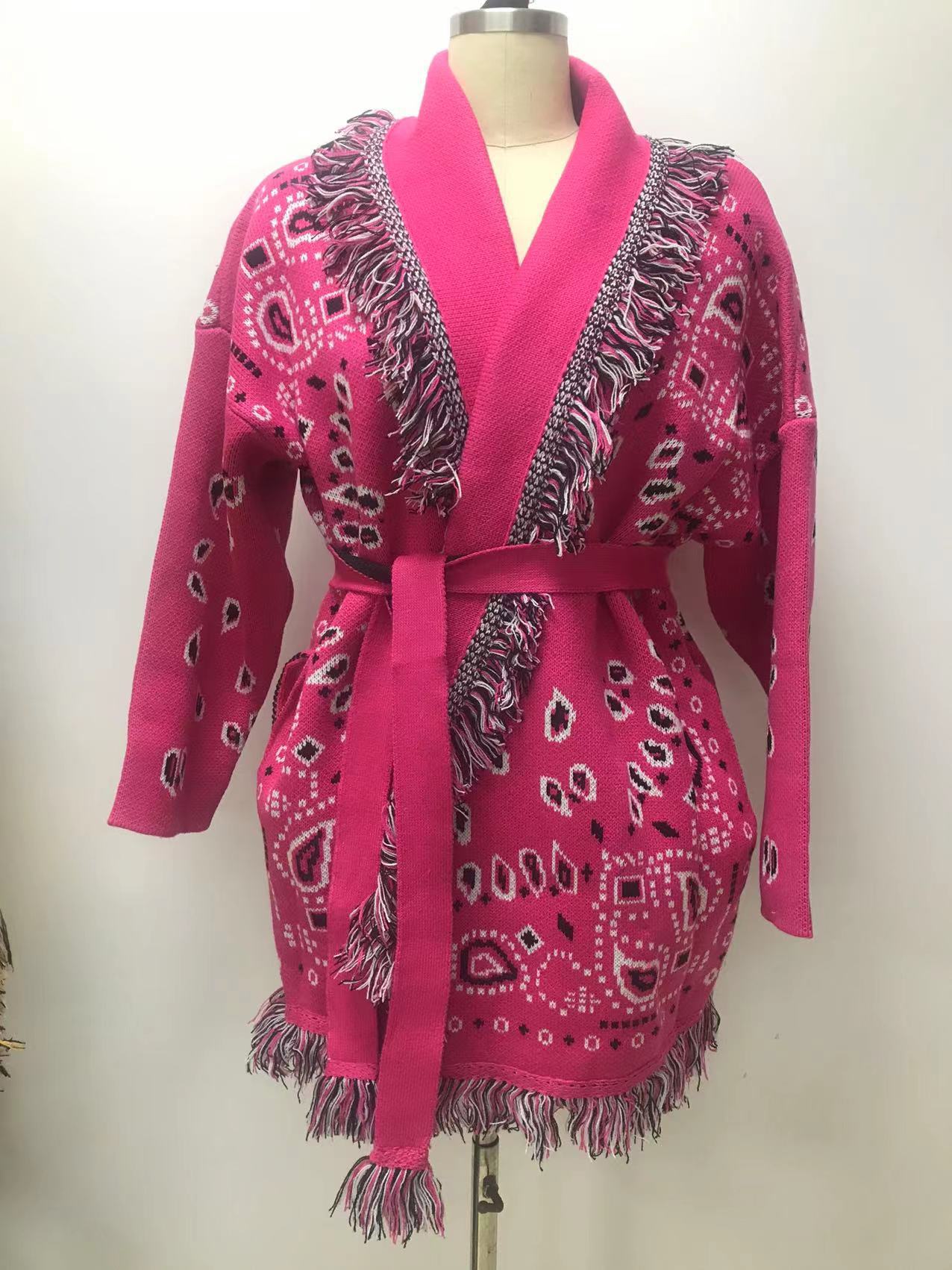 Women's Thick Tassel Jacquard Mid-length Loose Color Matching Sweaters