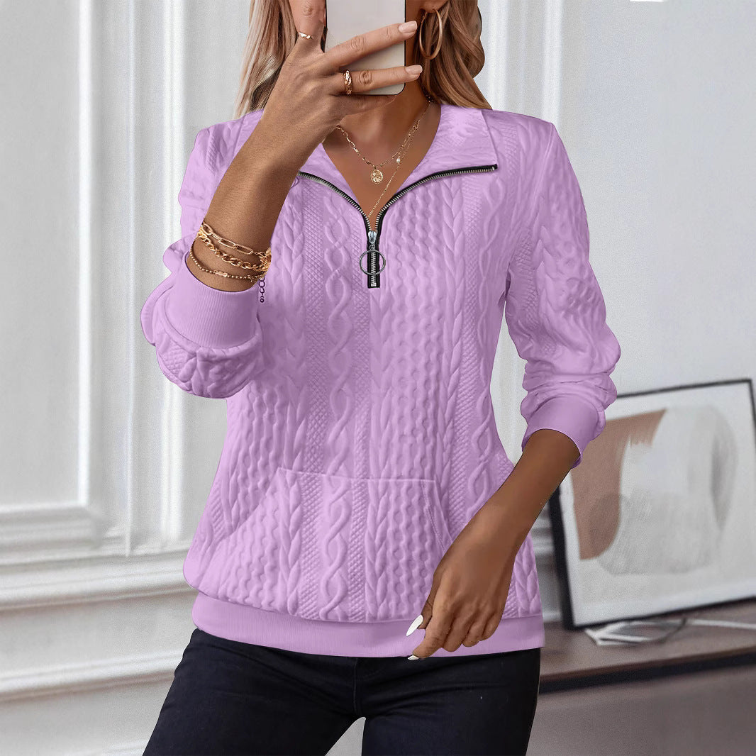 Charming Casual Lapel Sleeve Zipper Pocket Women's Sweater, Sweater