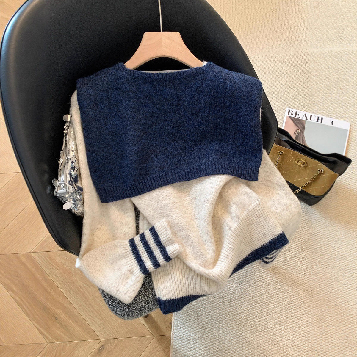 Women's Korean Style Idle Contrast Color Two-piece With Sweaters