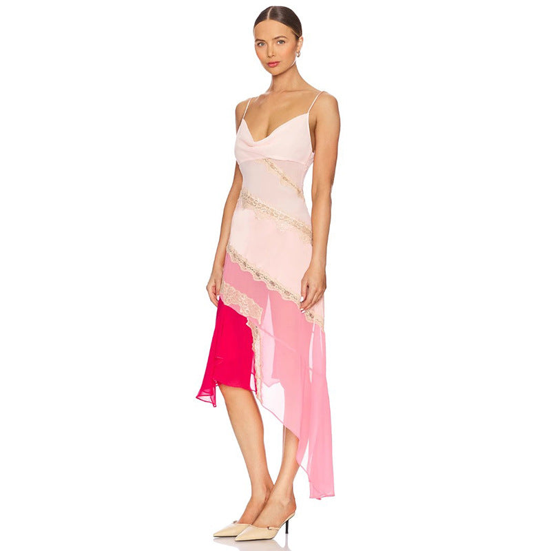 Stitching Pink Slim Fit Slimming Spaghetti Dresses