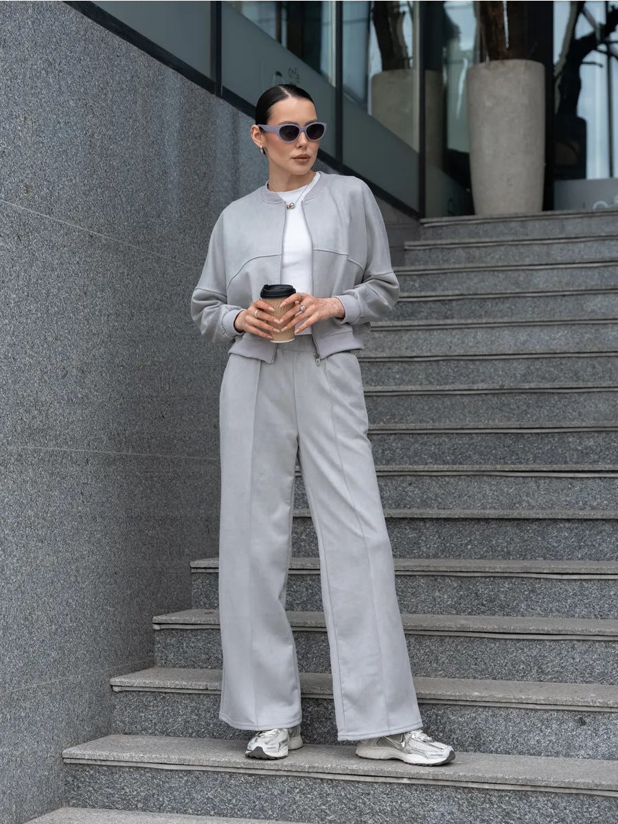 Women's Casual Solid Color Zipper Elastic Two-piece Suits