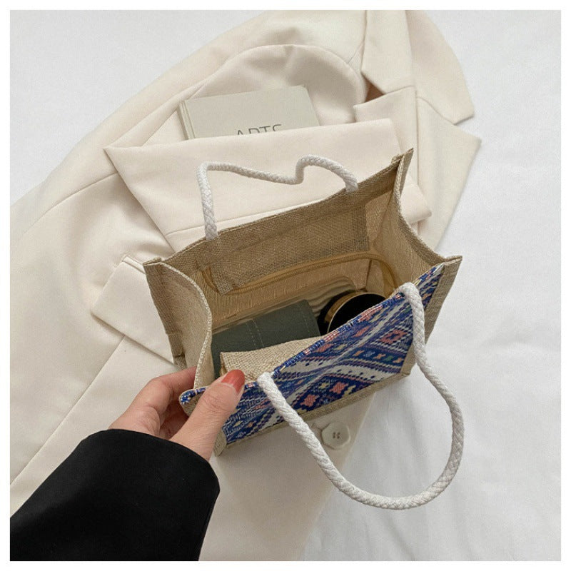 Women's Ethnic Style Canvas Summer Fashion Out Portable Linen Lunch Bags