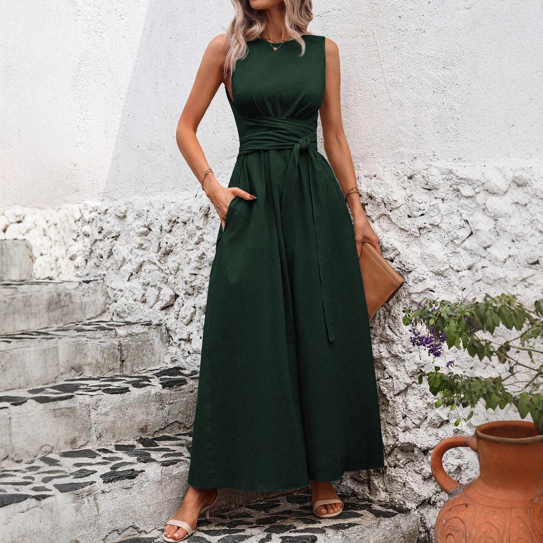 Women's Solid Color Round Neck Waistline Sleeveless Comfort Casual Vacation Dress
