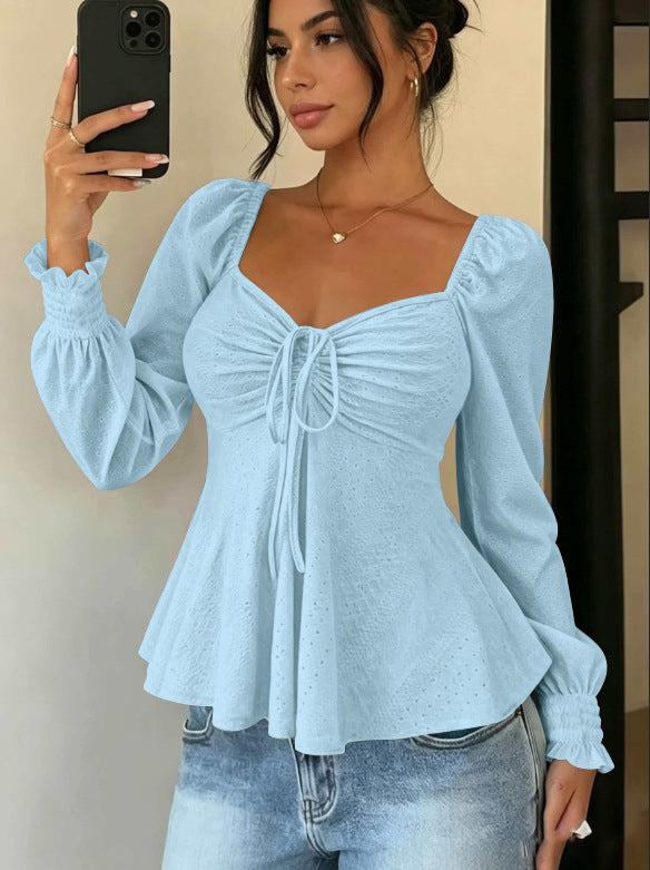 Women's Drawstring Smocking Sexy Sleeve Solid Color Women's T-shirt