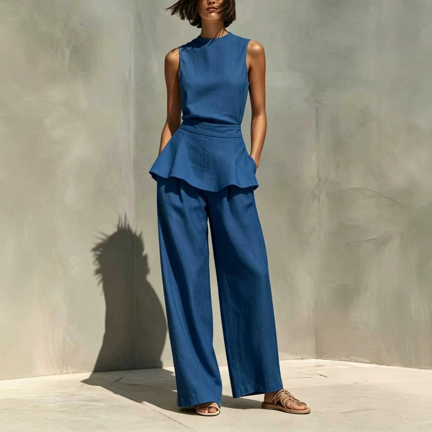 Women's Sleeveless Waistcoat Cotton Linen Two-piece Fashion Casual Suit