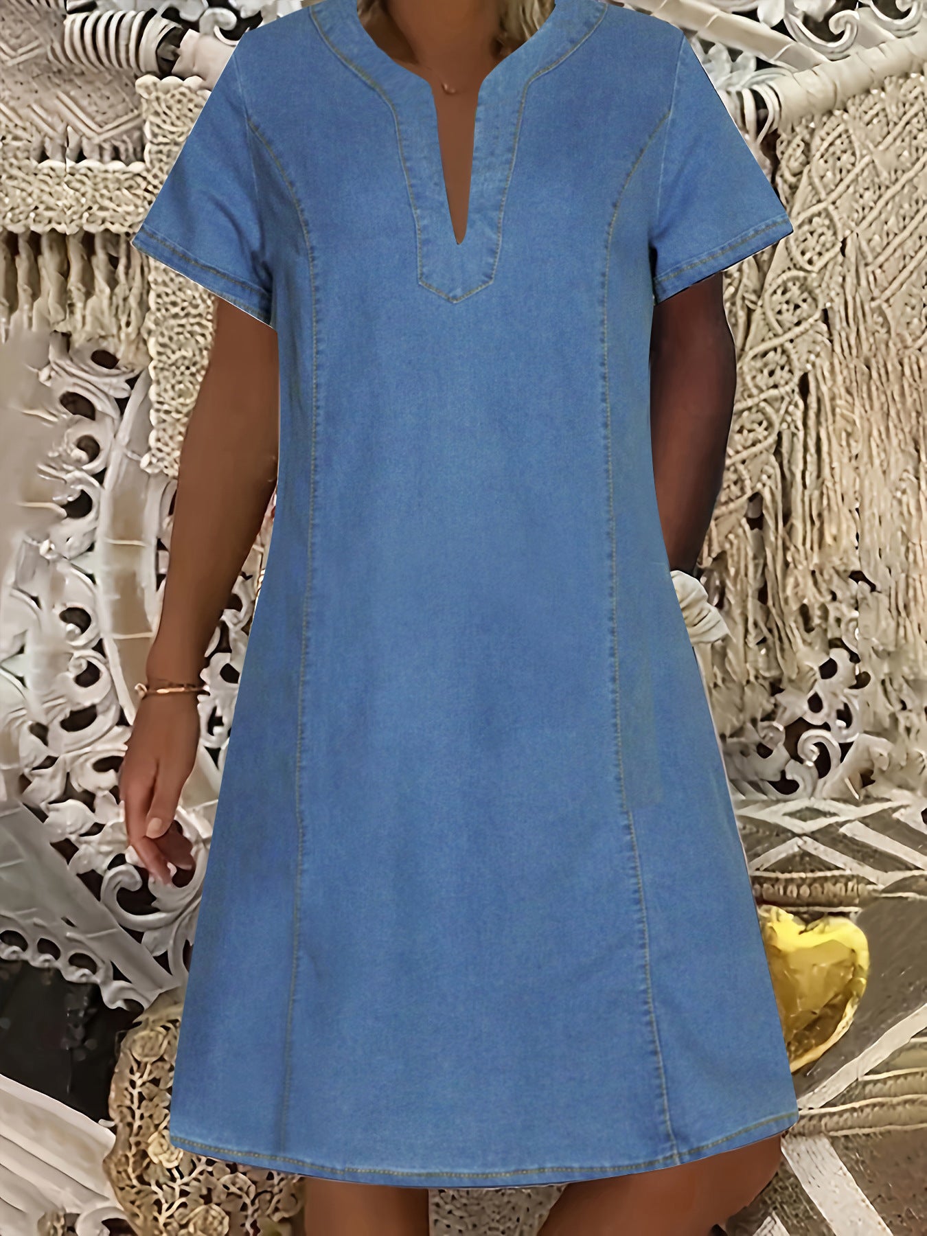 Women's Denim Dress With Collar Pleated Pockets Dresses