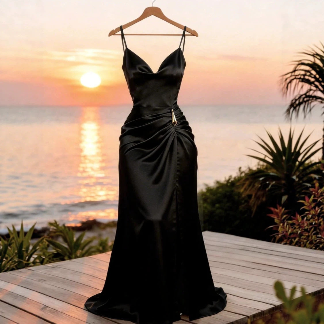 Satin High-grade Temperament Slim Fit Slit Dress