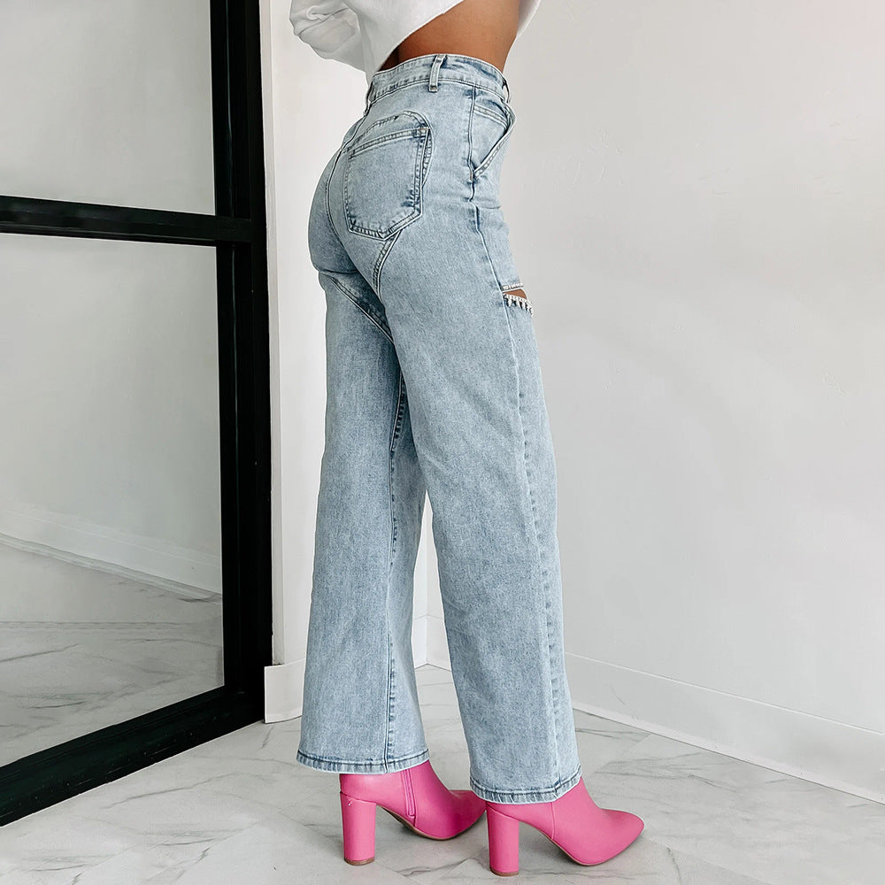 Autumn Fashion Casual Rhinestone Ripped Straight Jeans