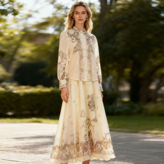 Women's Autumn Lantern Sleeve Palace Style Printed Breasted Slits Design Suits