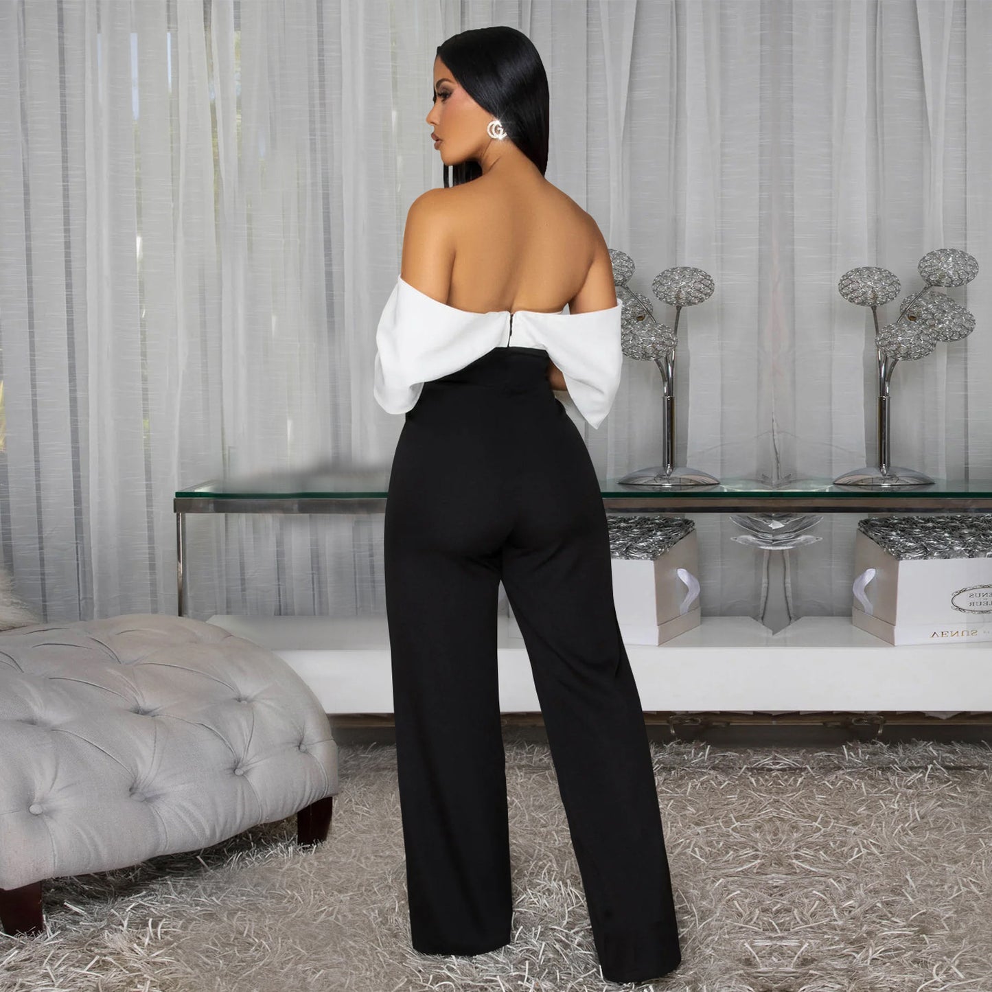 Women's Fashion Wear Casual Backless Black White Jumpsuits