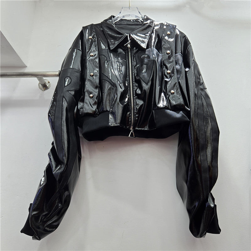Women's Unique Patent Leather Letter Embroidery Hot Jackets