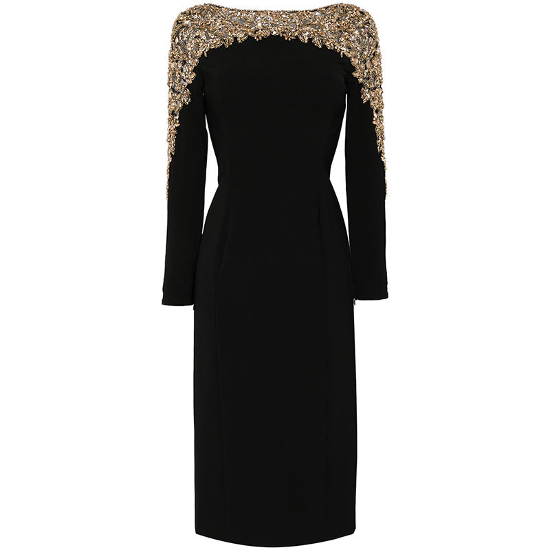 Fashion Stitching Mesh Beads Rhinestones Mid-length Dress