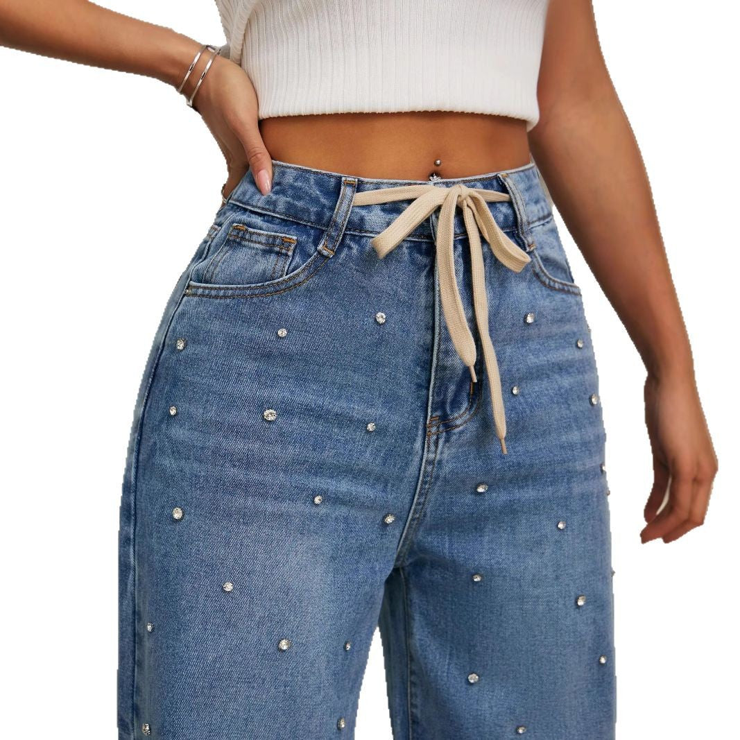 Women's Beaded Summer Waist Loose Slimming Straight Jeans