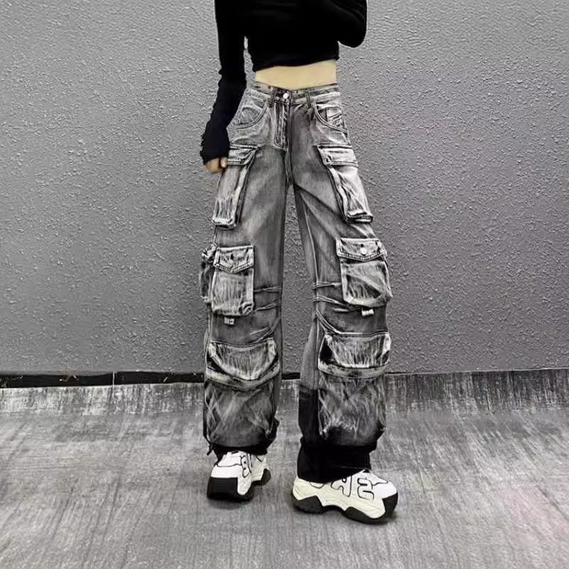 Women's Fried Street Large Pocket Design Washed Gradient Tooling Jeans