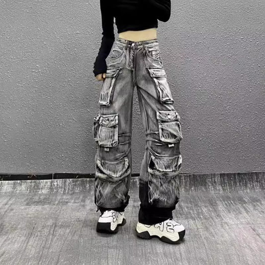 Women's Fried Street Large Pocket Design Washed Gradient Tooling Jeans