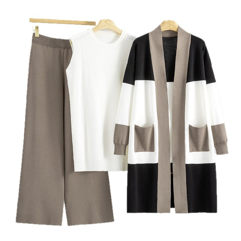Women's Autumn Knitted Mid-length Wide Leg Three-piece Cardigans