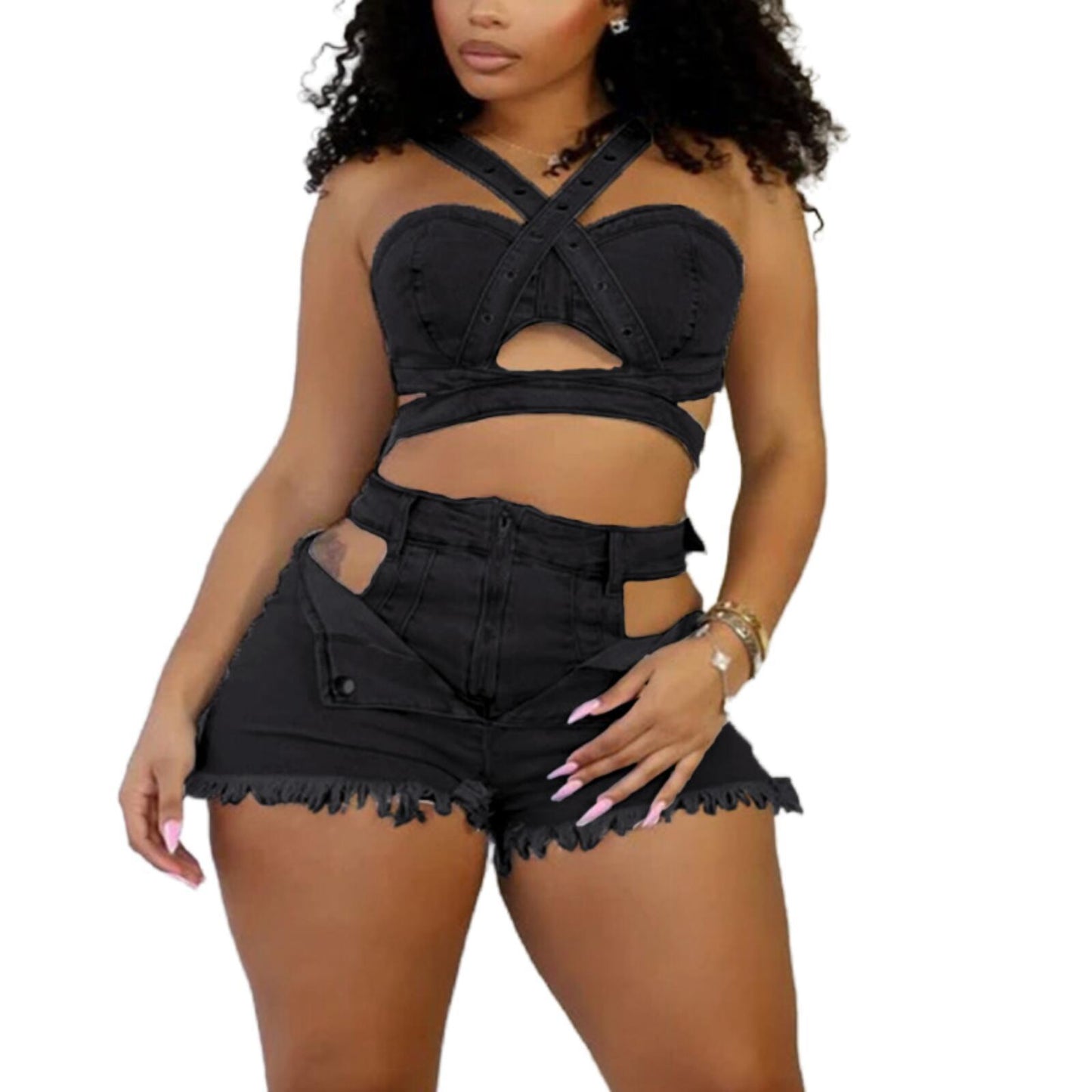 Charming Denim Set Tube Strap Stretch Tops