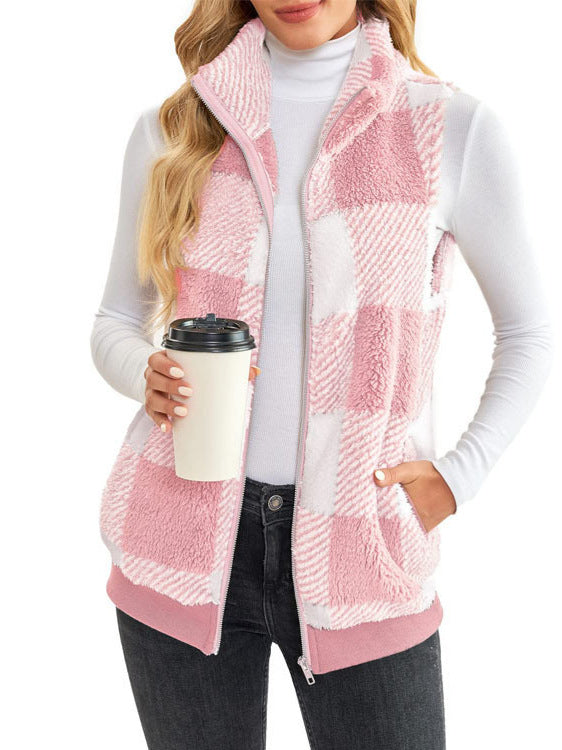 Women's Waistcoat Comfortable Veet Plaid Stand Collar Zipper Women's Vest
