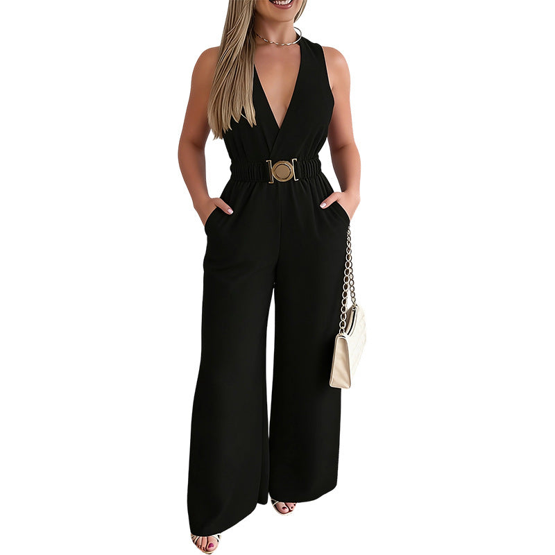 Women's Elegant Metal Buckle Belt Wide Leg Jumpsuits