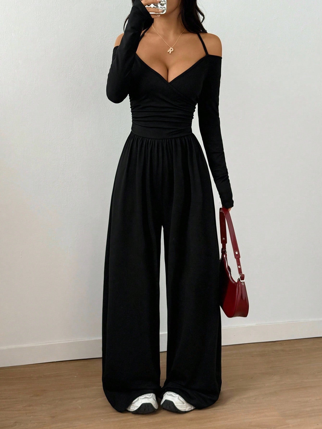Women's Halter Long Sleeve Tight Waist Wide Leg Women's Jumpsuit/clothing