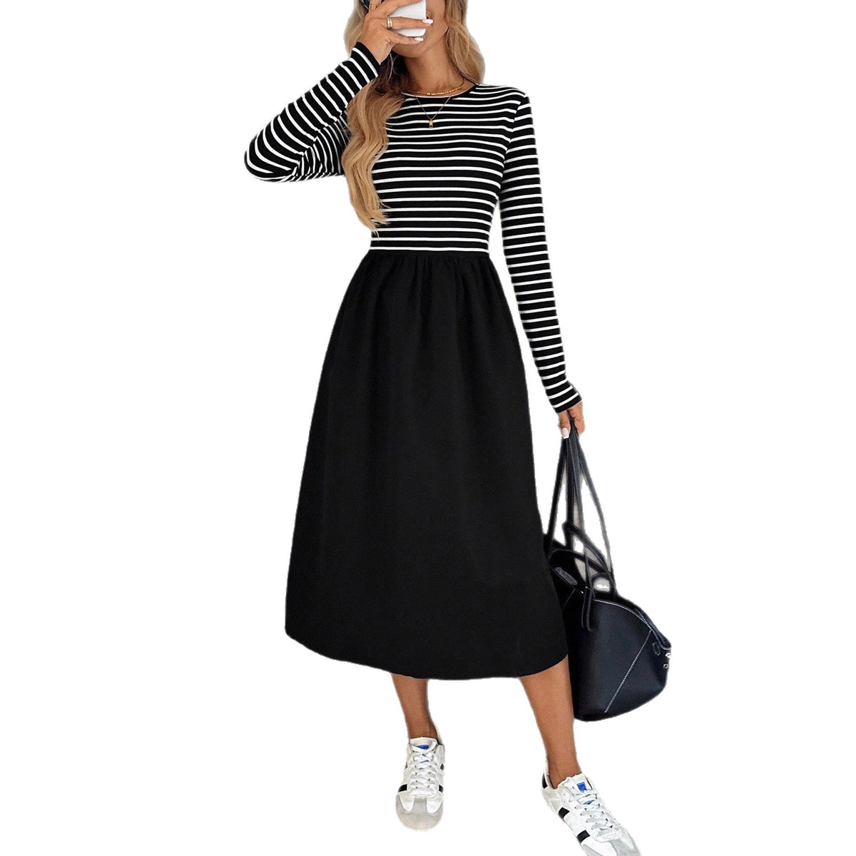 Women's Striped Casual Mid-length Round Neck Long Sleeve Slim Dress