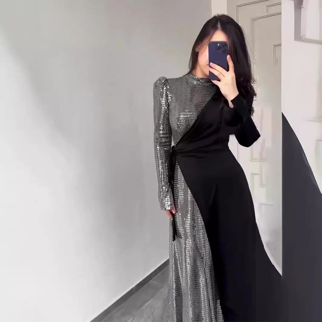 Spring Stylish Temperament Long Sleeves Stitching Sequins Design Dresses